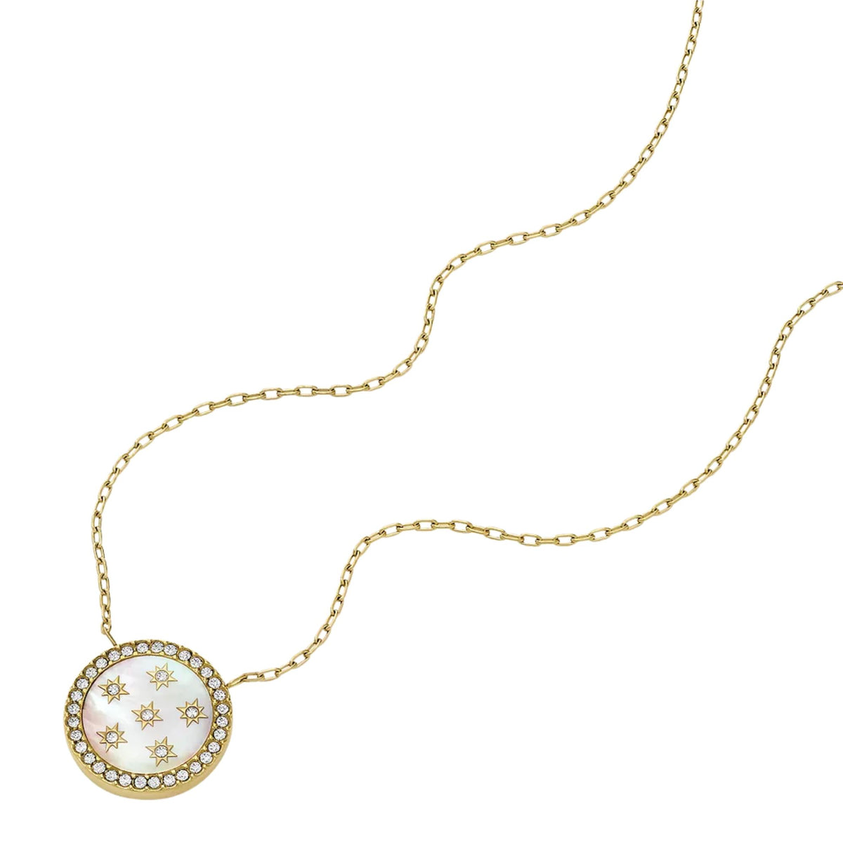Gold-tone pendant necklace with round mother-of-pearl star disc and links chain, side view