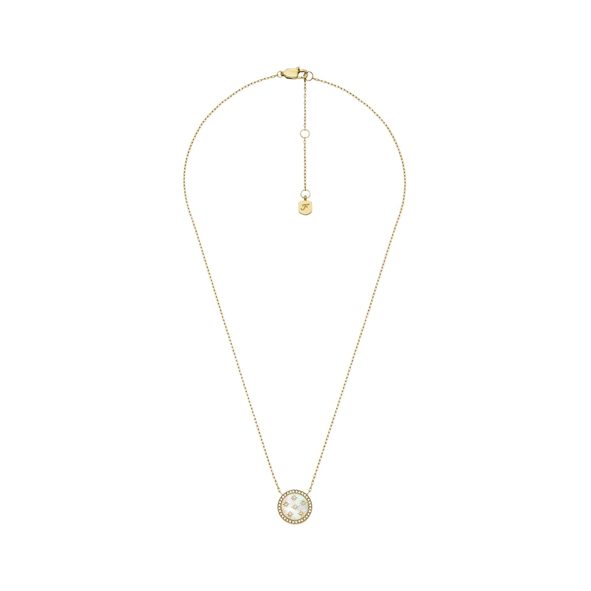 Gold-tone pendant necklace with round mother-of-pearl star disc and adjustable chain length