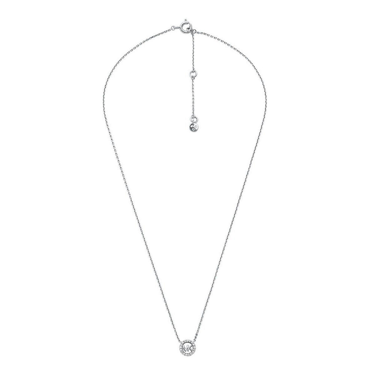 Silver-tone chain necklace with round MK logo pendant and small center charm