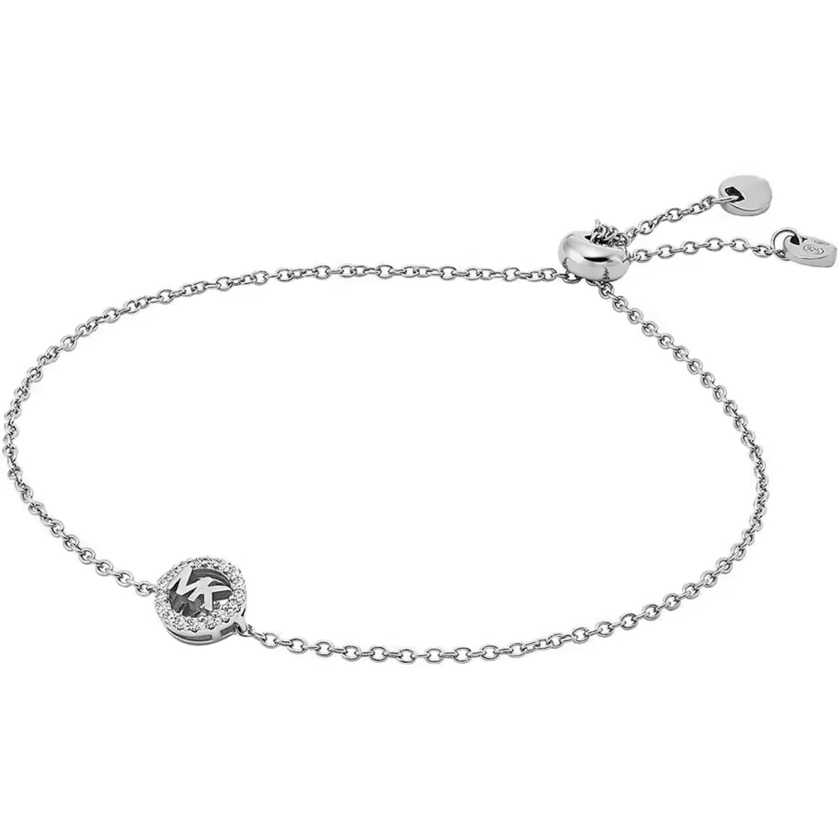 Silver-tone chain bracelet with round MK logo charm and small toggle clasp.