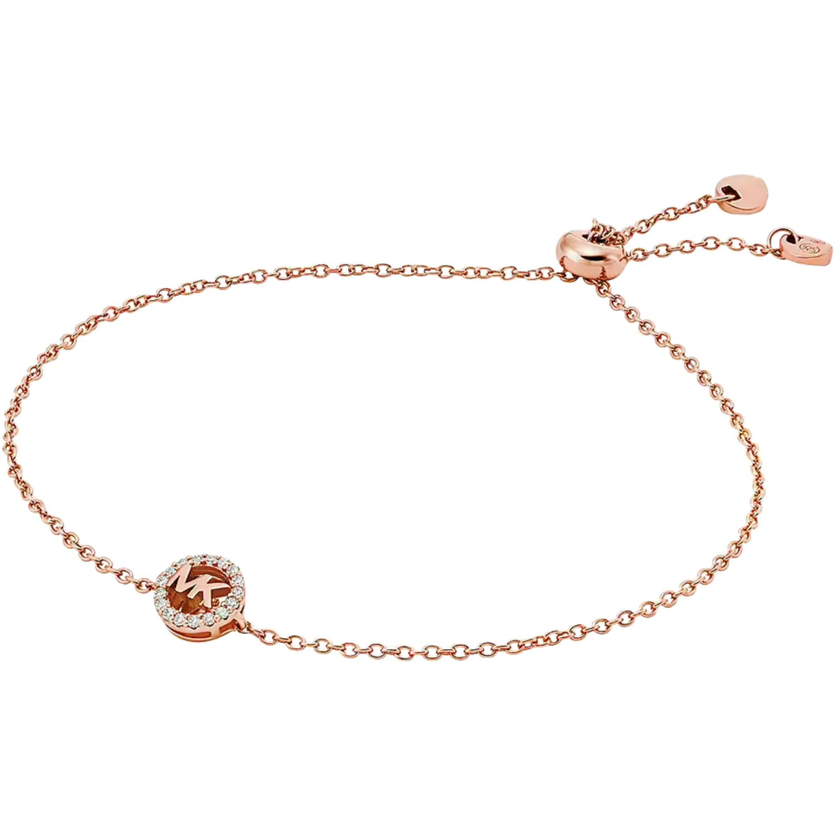 Rose gold chain bracelet with round MK logo charm and coin tag accents