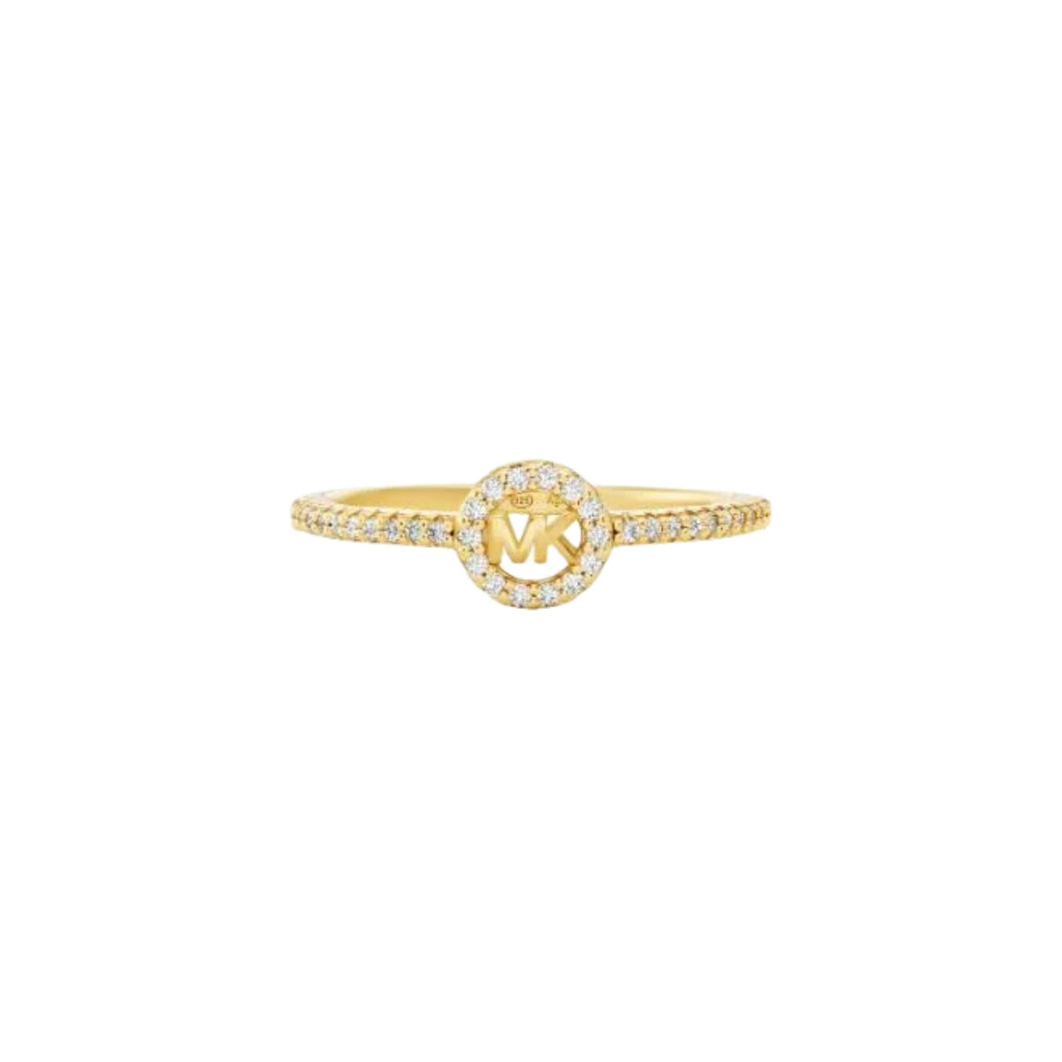 Michael Kors gold-tone women’s ring with pavé crystal halo and MK logo center