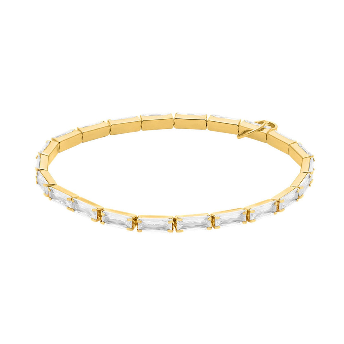 Gold-tone women's bracelet with alternating bar links and small clear stone accents