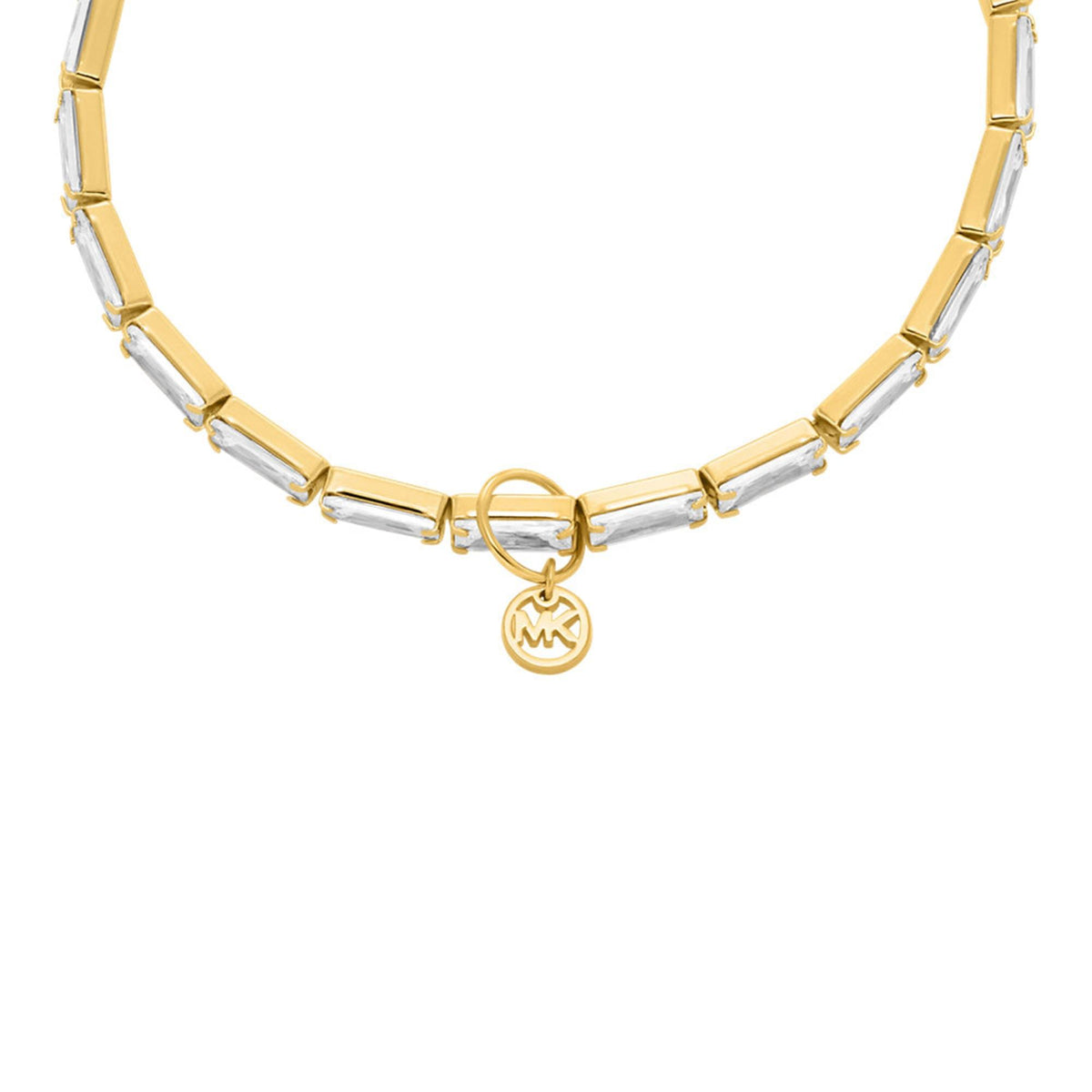 Gold-tone bracelet with bar links and round MK logo charm, plus clear stone details