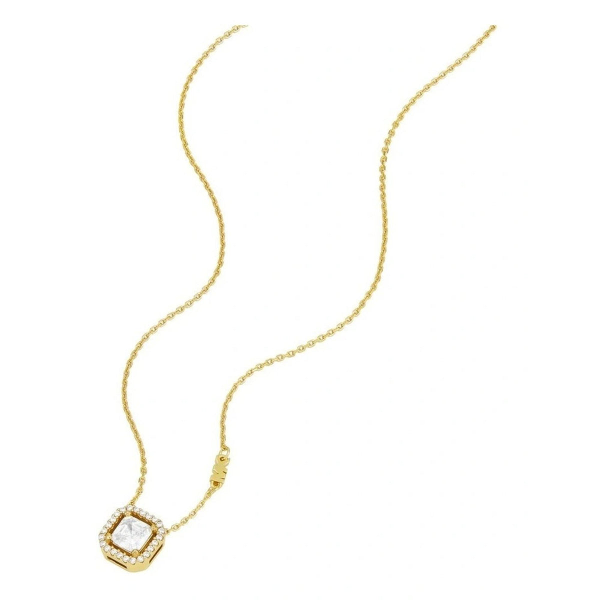 Gold tone double-strand necklace with square crystal pendant and small link chain