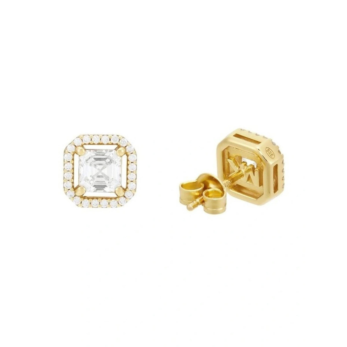 Gold-tone square stud earrings with halo of clear stones and cushion-cut center stones