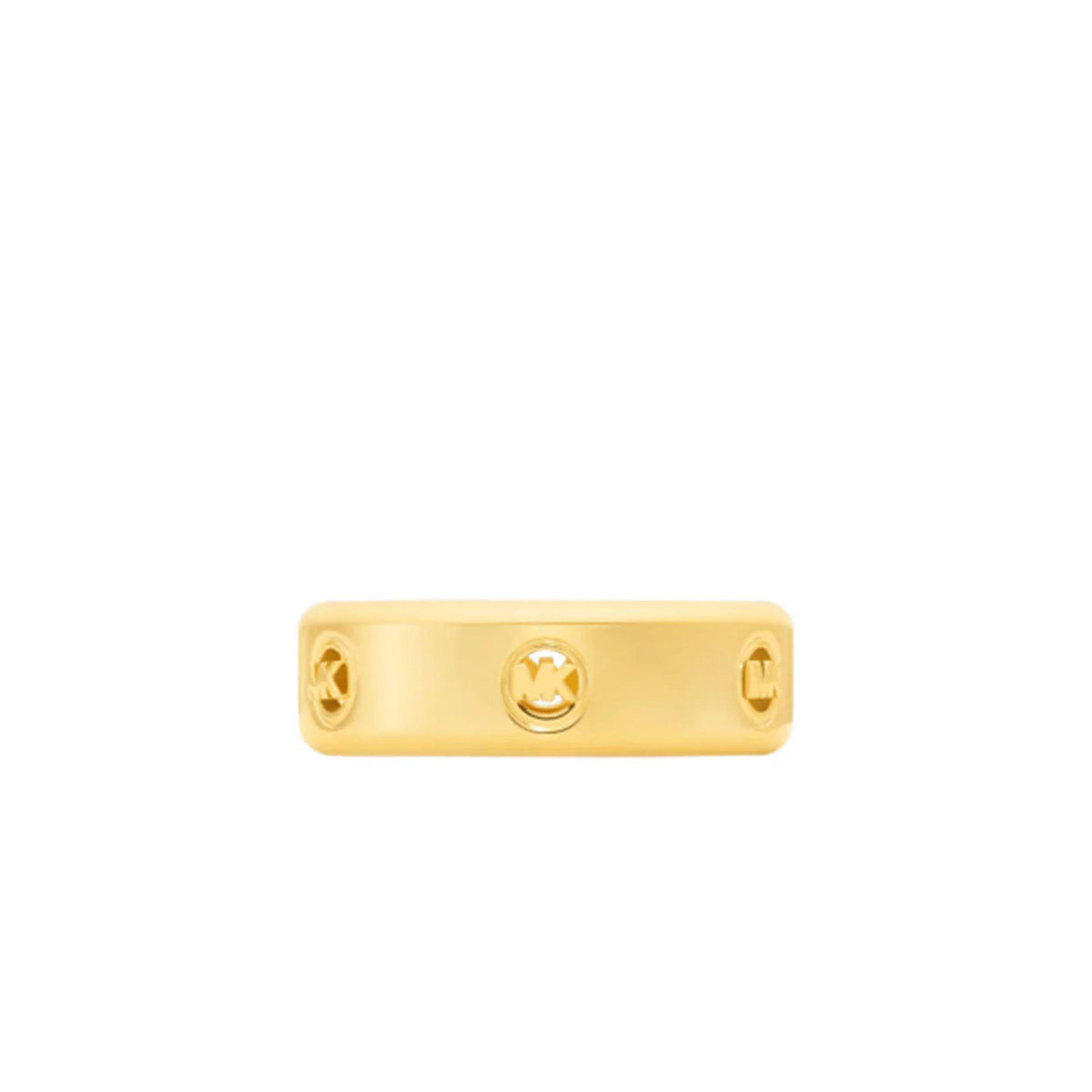 Gold tone Michael Kors ring with rectangular top, central MK emblem, and side accents