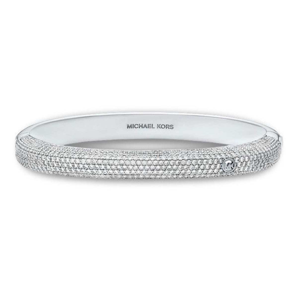Silver-tone rhinestone band ring with Michael Kors logo at center