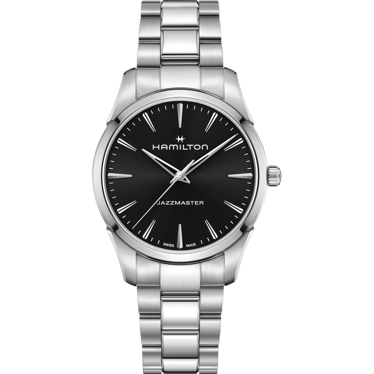 Hamilton Jazzmaster H32461131 mens 40mm quartz watch front view featuring black dial, stainless steel case, and matching steel bracelet
