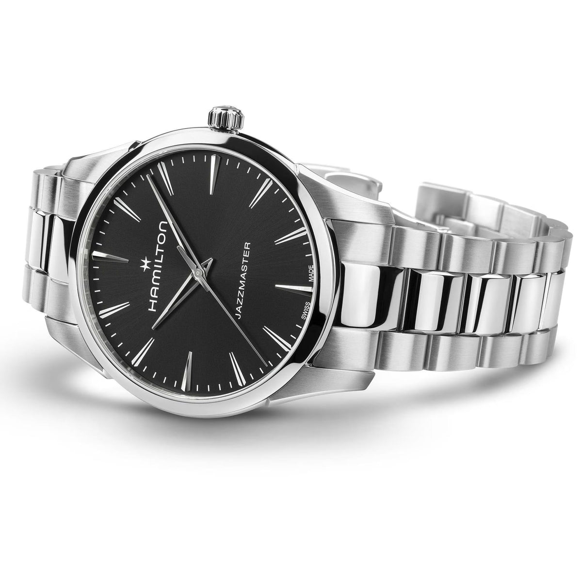 Hamilton Jazzmaster H32461131 quartz wrist watch flat lay display featuring stainless steel link bracelet and classic black dial face