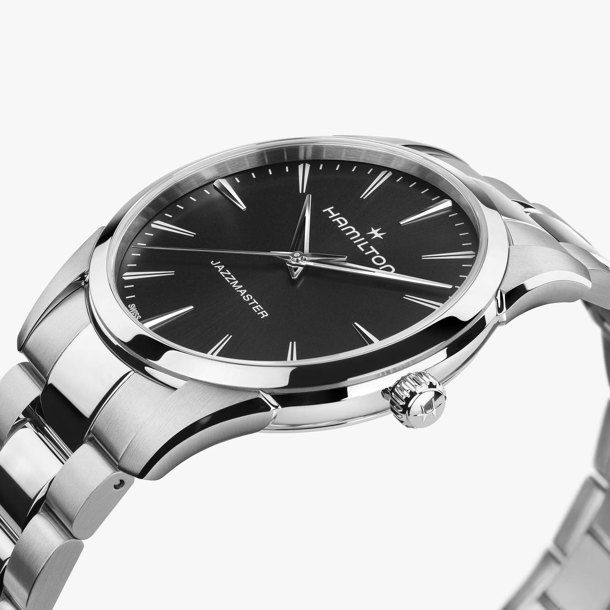 Hamilton Jazzmaster H32461131 dress timepiece angled perspective view highlighting polished bezel, black dial, and winding crown