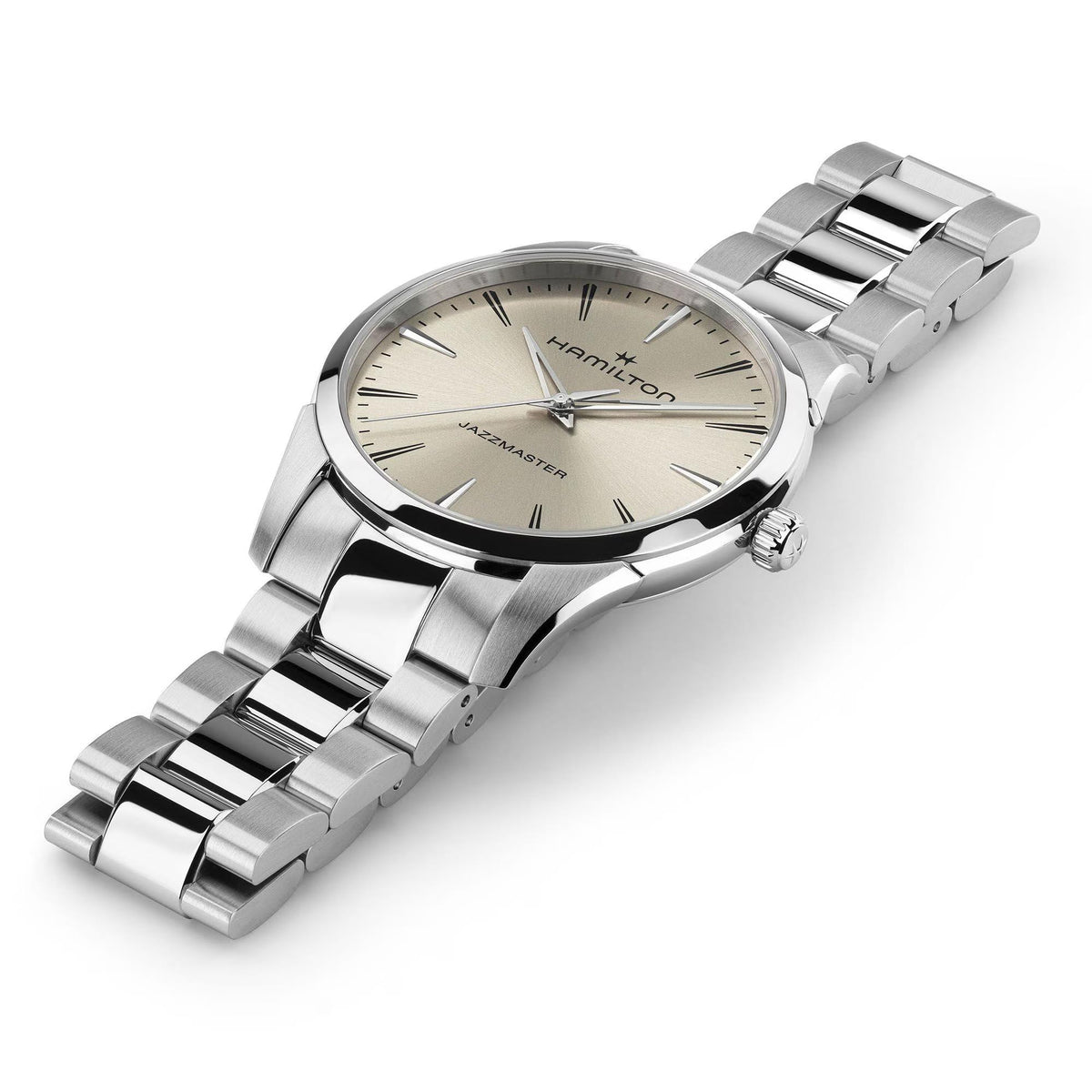Hamilton Jazzmaster H32461121 mens watch studio flat lay showing beige dial and three-link stainless steel bracelet