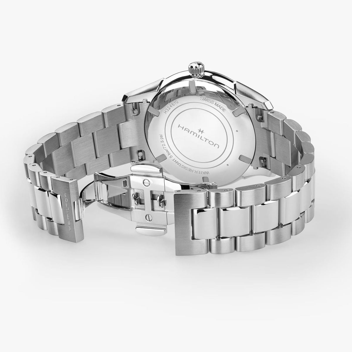 Hamilton Jazzmaster H32461121 quartz watch back view showing solid stainless steel case back and open folding deployment clasp