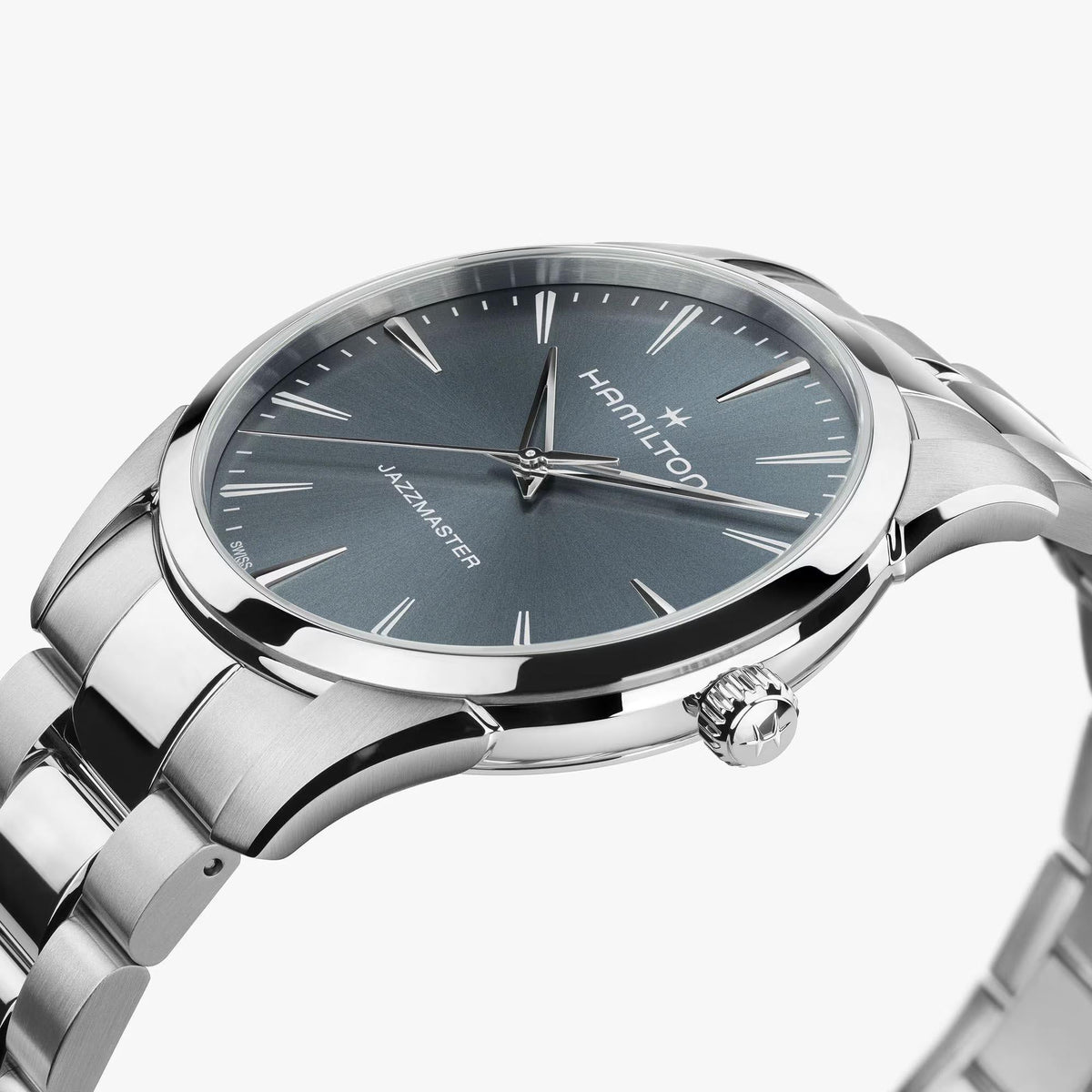 Hamilton Jazzmaster H32461141 quartz wrist watch perspective shot focusing on smooth steel bezel and rich blue dial details