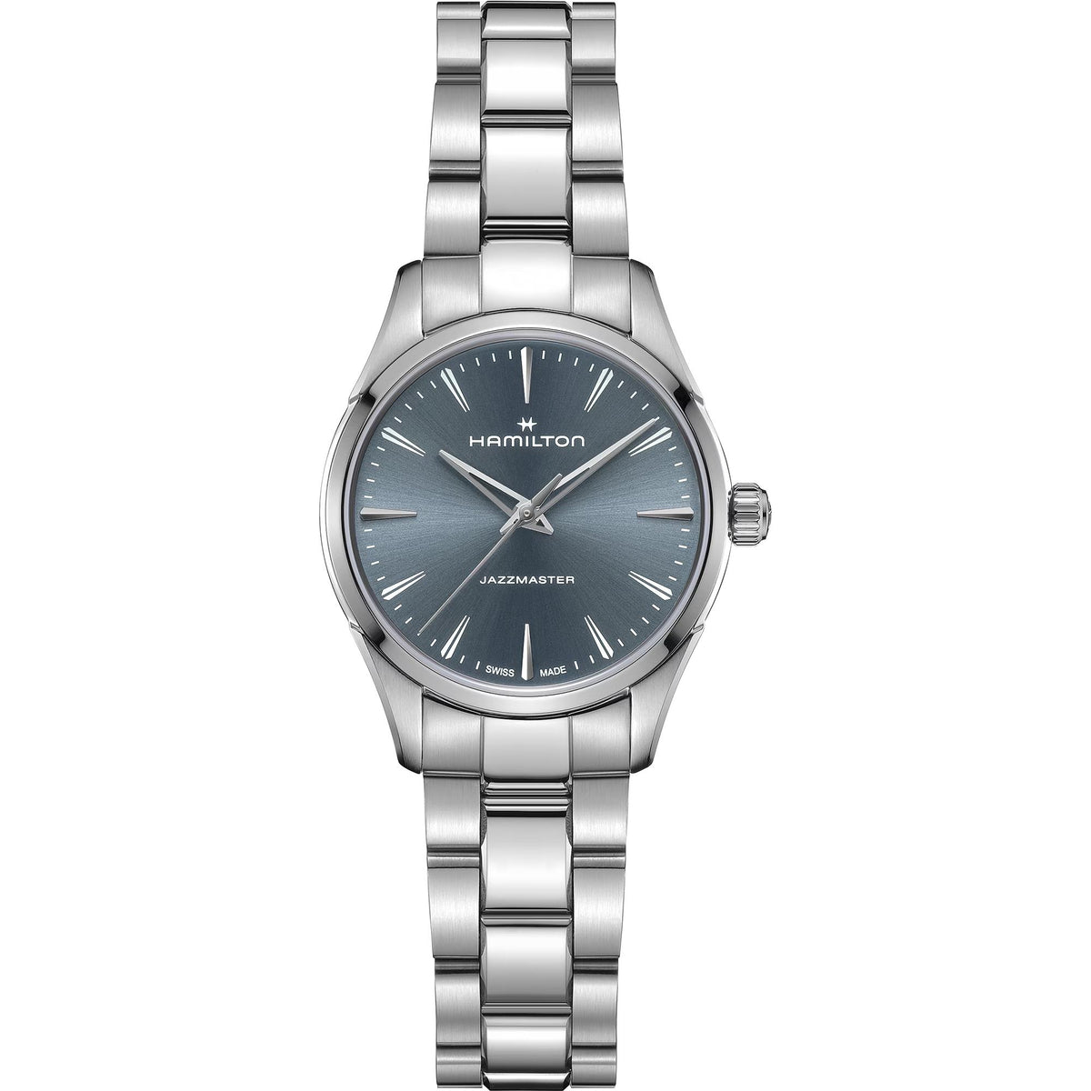 Hamilton Jazzmaster 32mm H32301141 watch with a blue dial and stainless steel bracelet front view