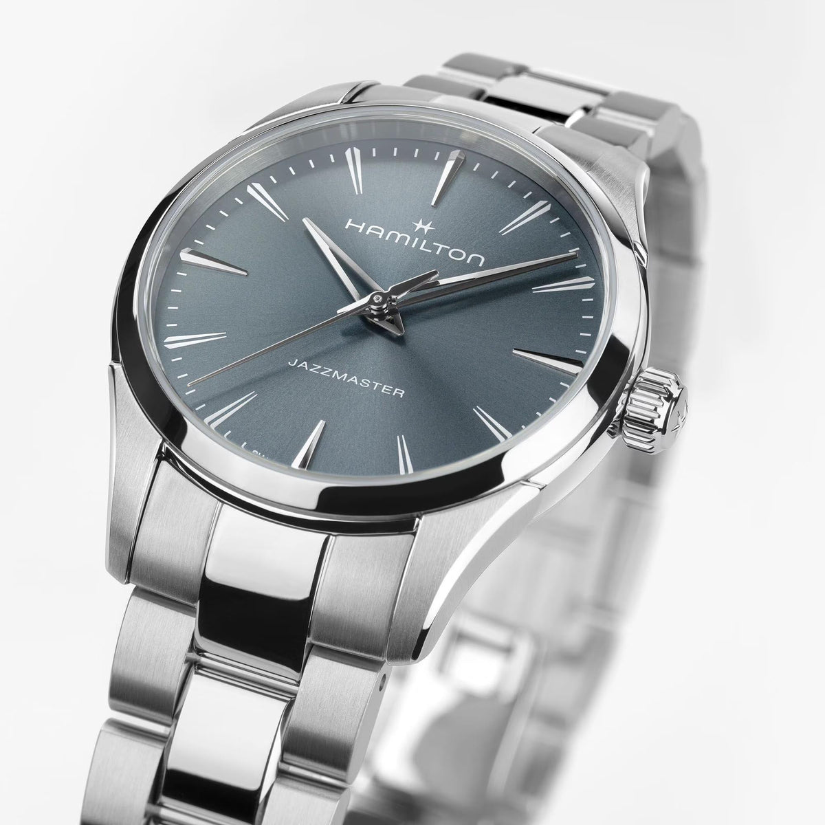 Hamilton H32301141 blue-grey dial with stainless steel bracelet close-up
