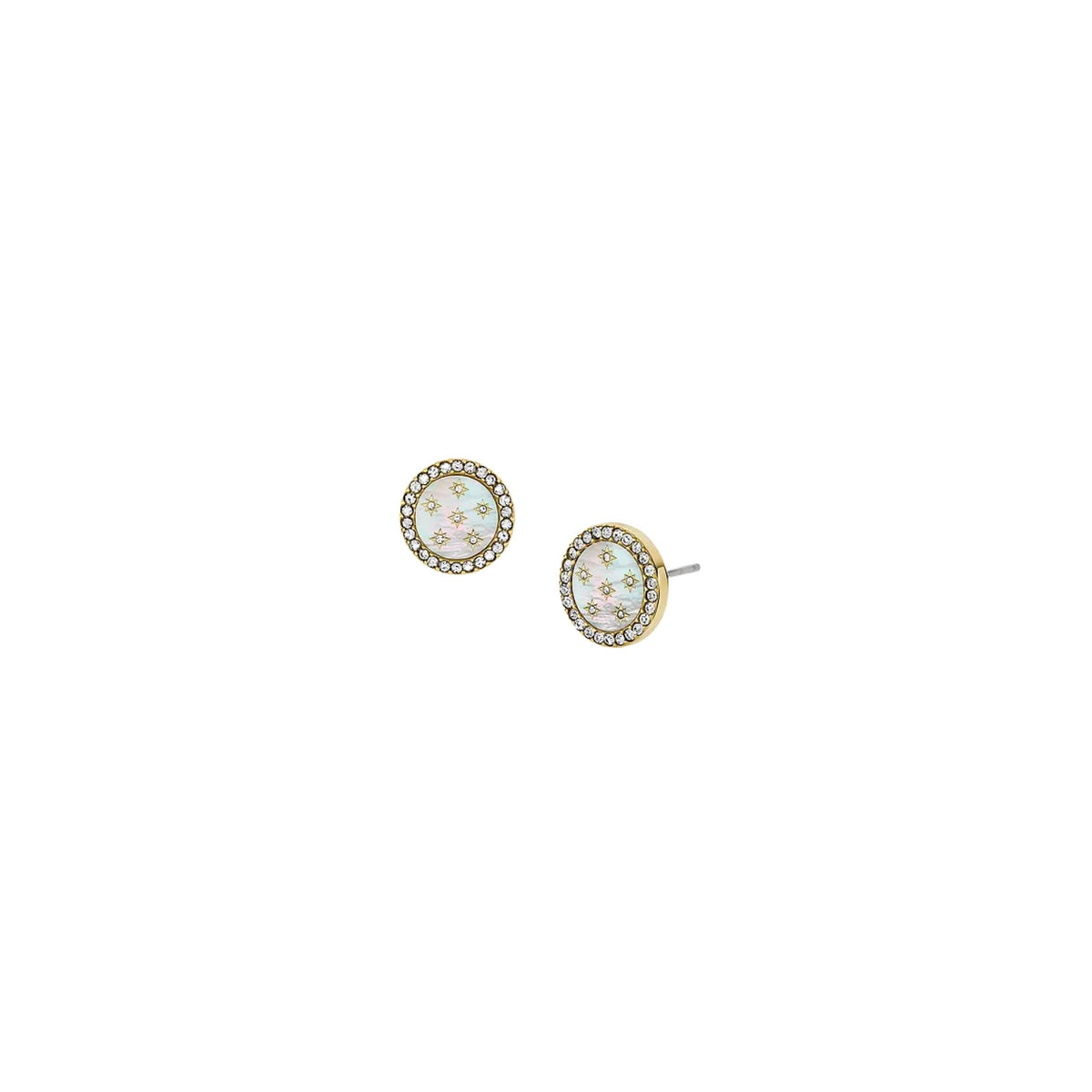 Round gold-tone stud earrings with mother-of-pearl disc and crystal rim