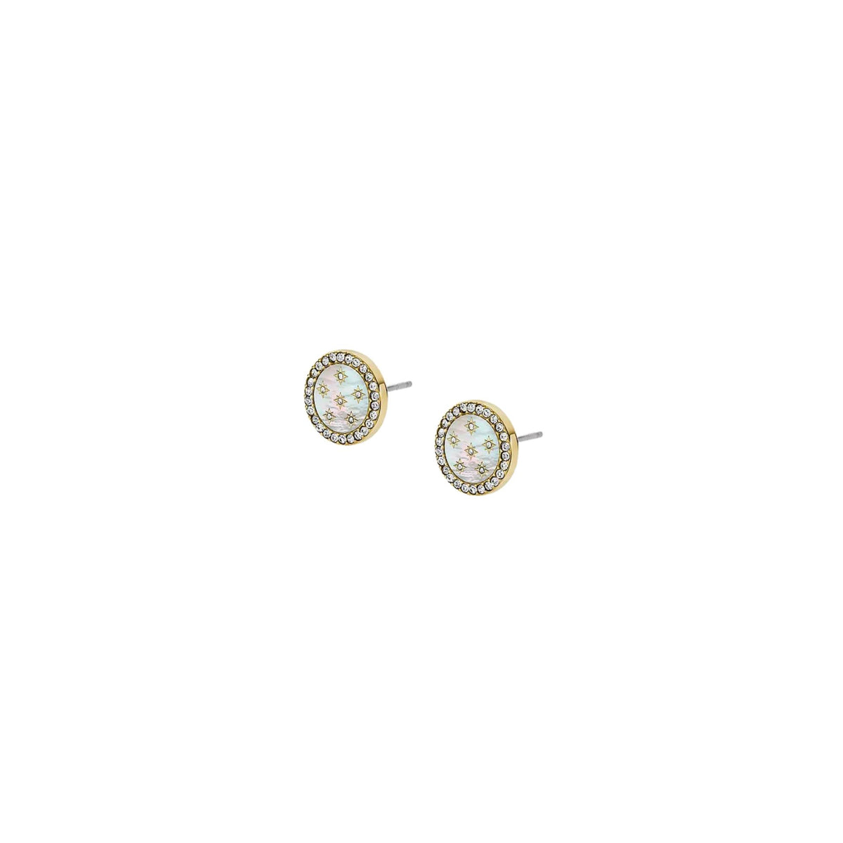 Round gold-tone stud earrings with mother-of-pearl center and crystal surround