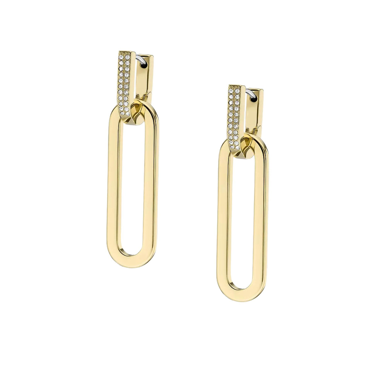 Fossil gold-tone stainless steel D-link drop earrings with crystal accents