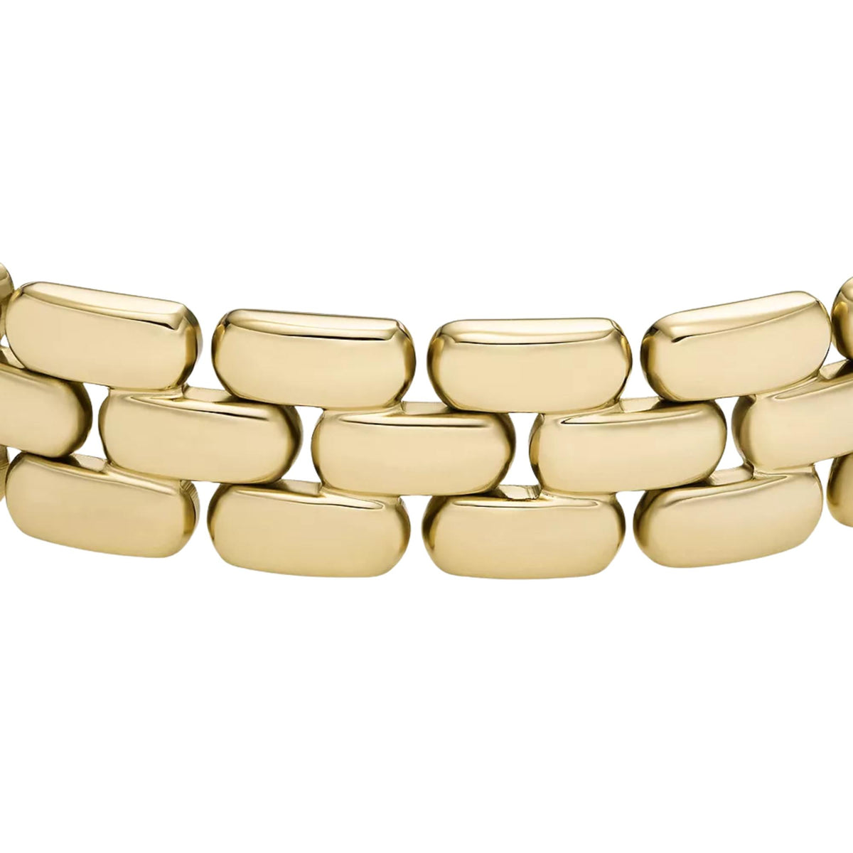 Close-up of gold-tone rectangular chain links for bracelet