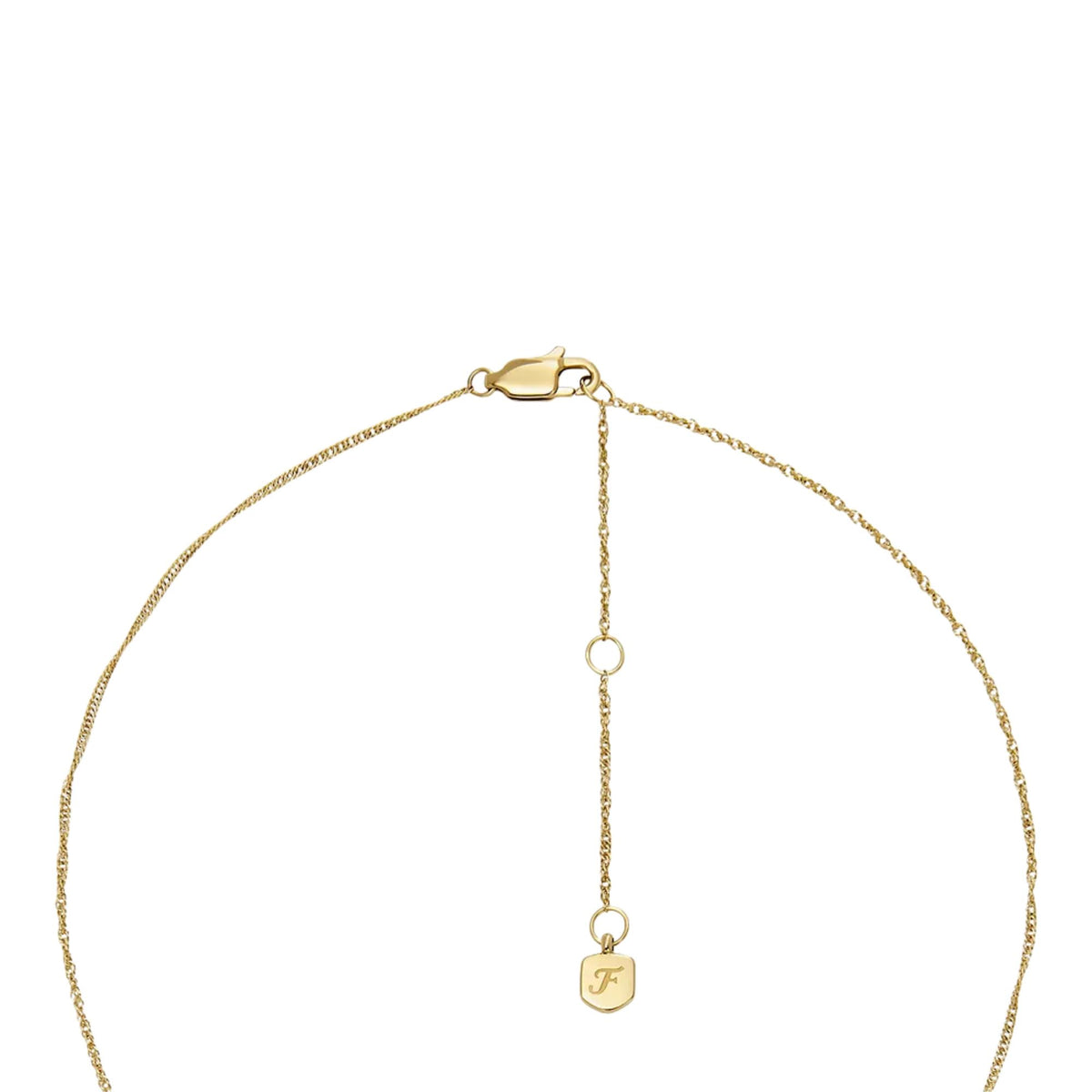 Gold-tone necklace clasp with thin chain and small F charm dangling