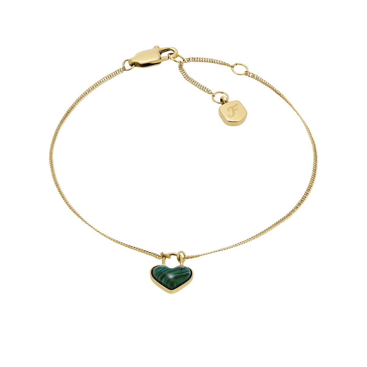 Gold-tone heart charm chain bracelet with green marbled heart pendant and extender links