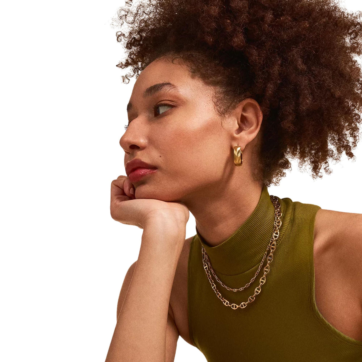 Gold-tone anchor chain necklace worn by model, women's Fossil Heritage