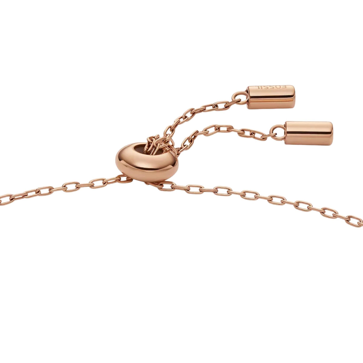 Rose gold-tone bracelet with oval toggle clasp and round blue mother-of-pearl charm