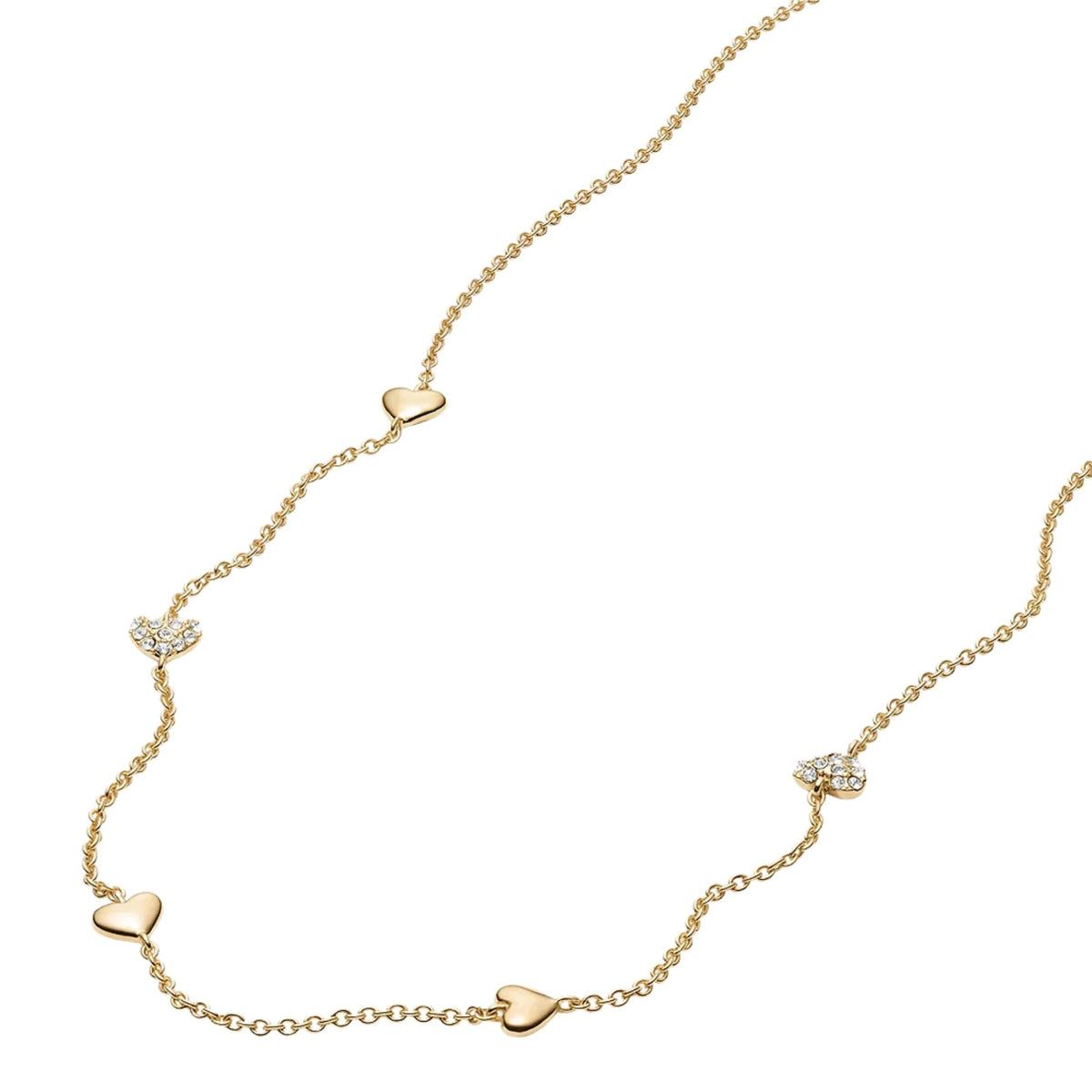 Gold-tone station necklace with heart-shaped links and clear rhinestone accents