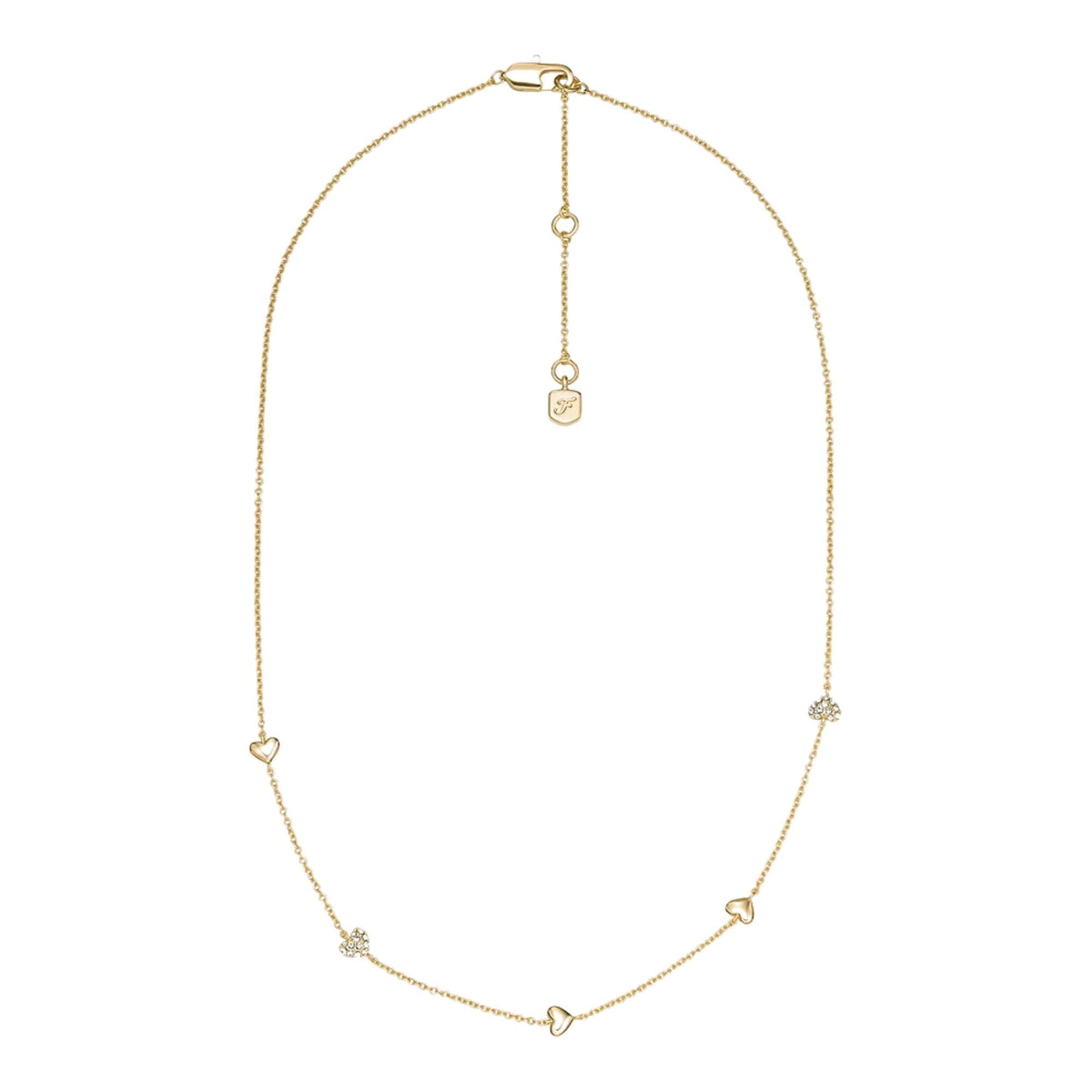 Gold-tone necklace with dangling heart charm on a short chain extender