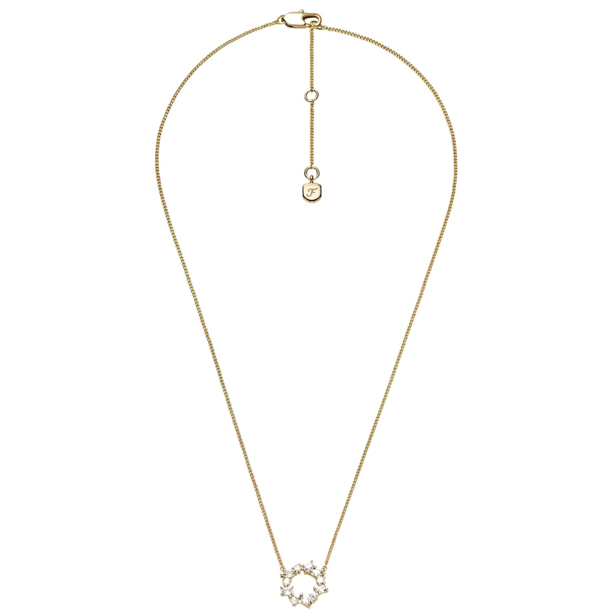 Gold-tone brass pendant necklace with circular crystal cluster pendant and thin chain