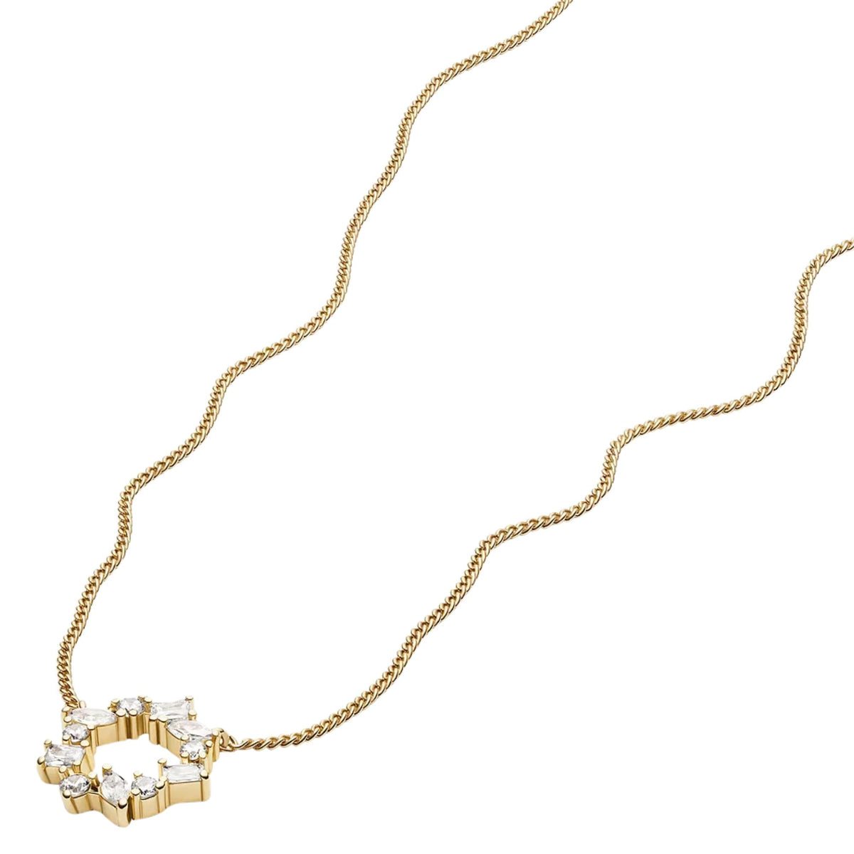 Gold-tone brass pendant necklace close-up of crystal cluster bar link pendant