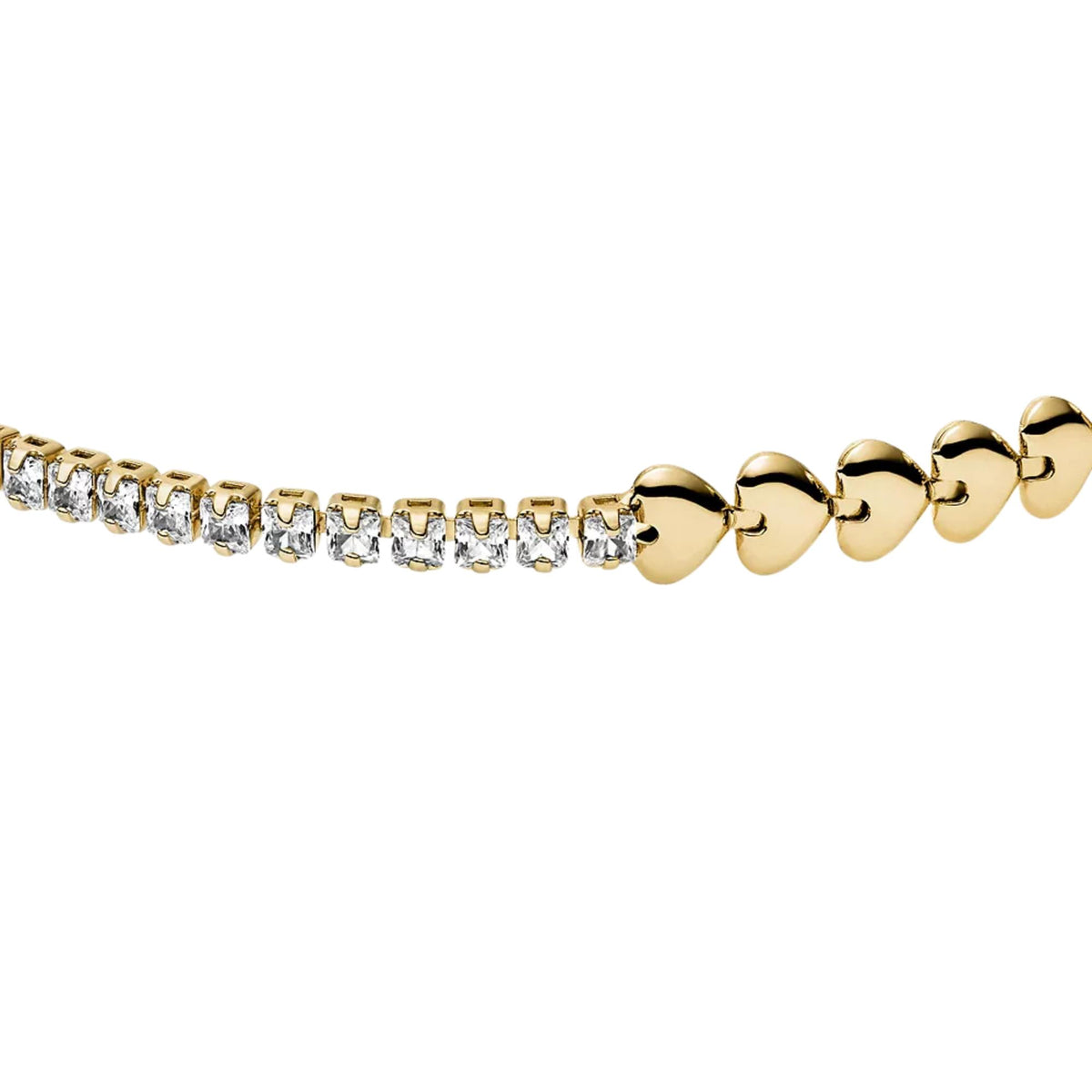 Fossil gold-tone brass heart link tennis bracelet with clear stones