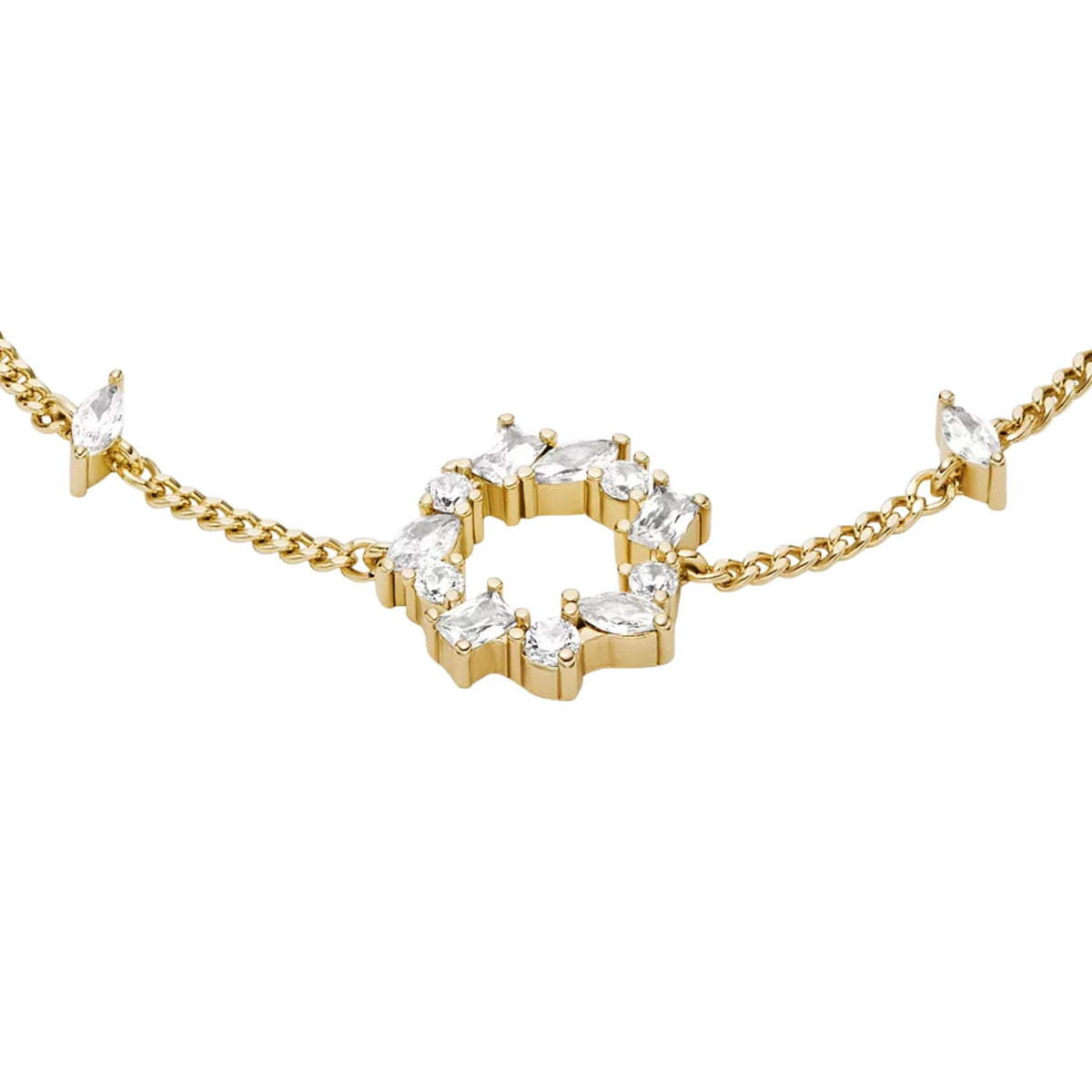 Gold-tone bracelet featuring a central octagon-like charm with clear sparkle stones