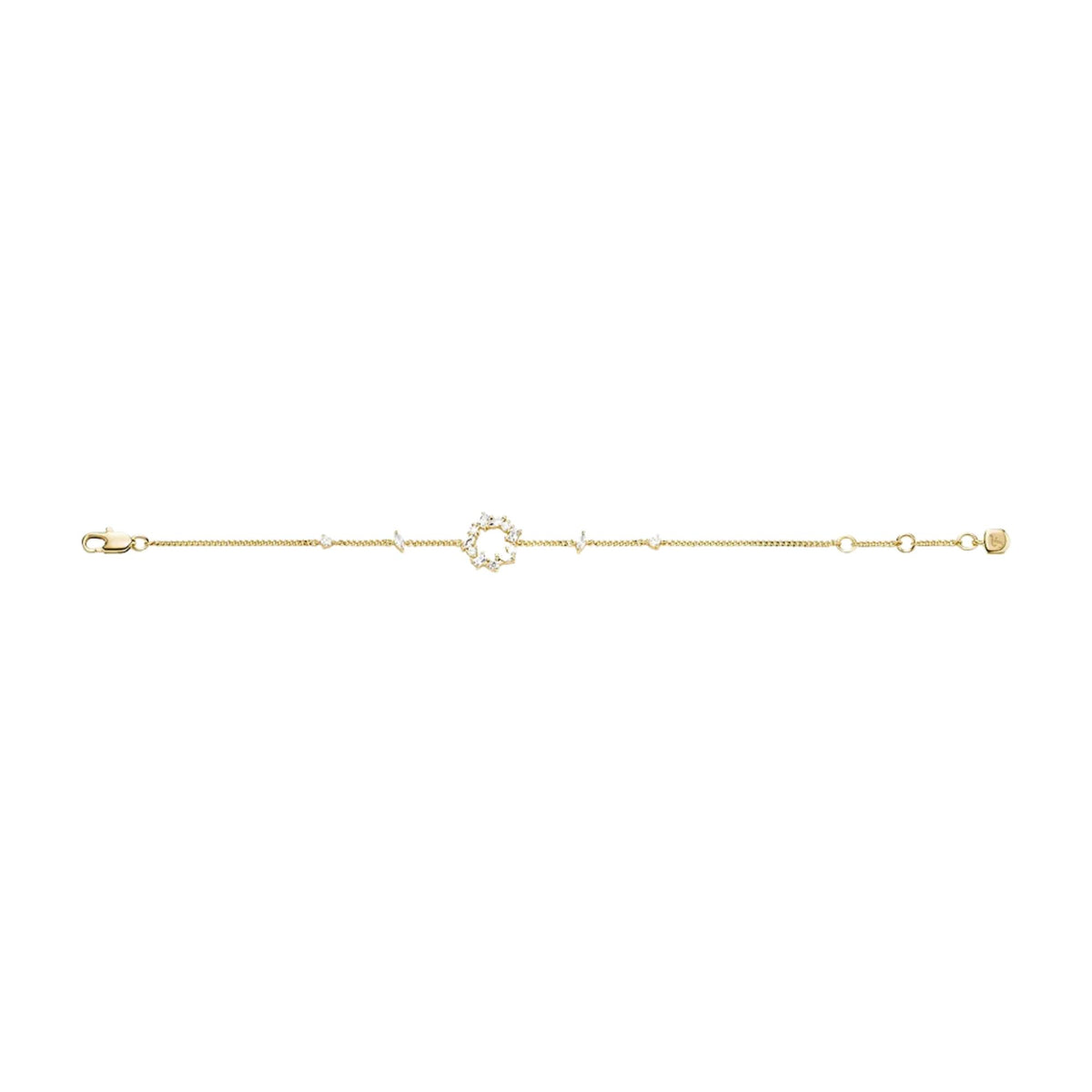Slim gold-tone station bracelet with a small clear sparkle center charm and extender