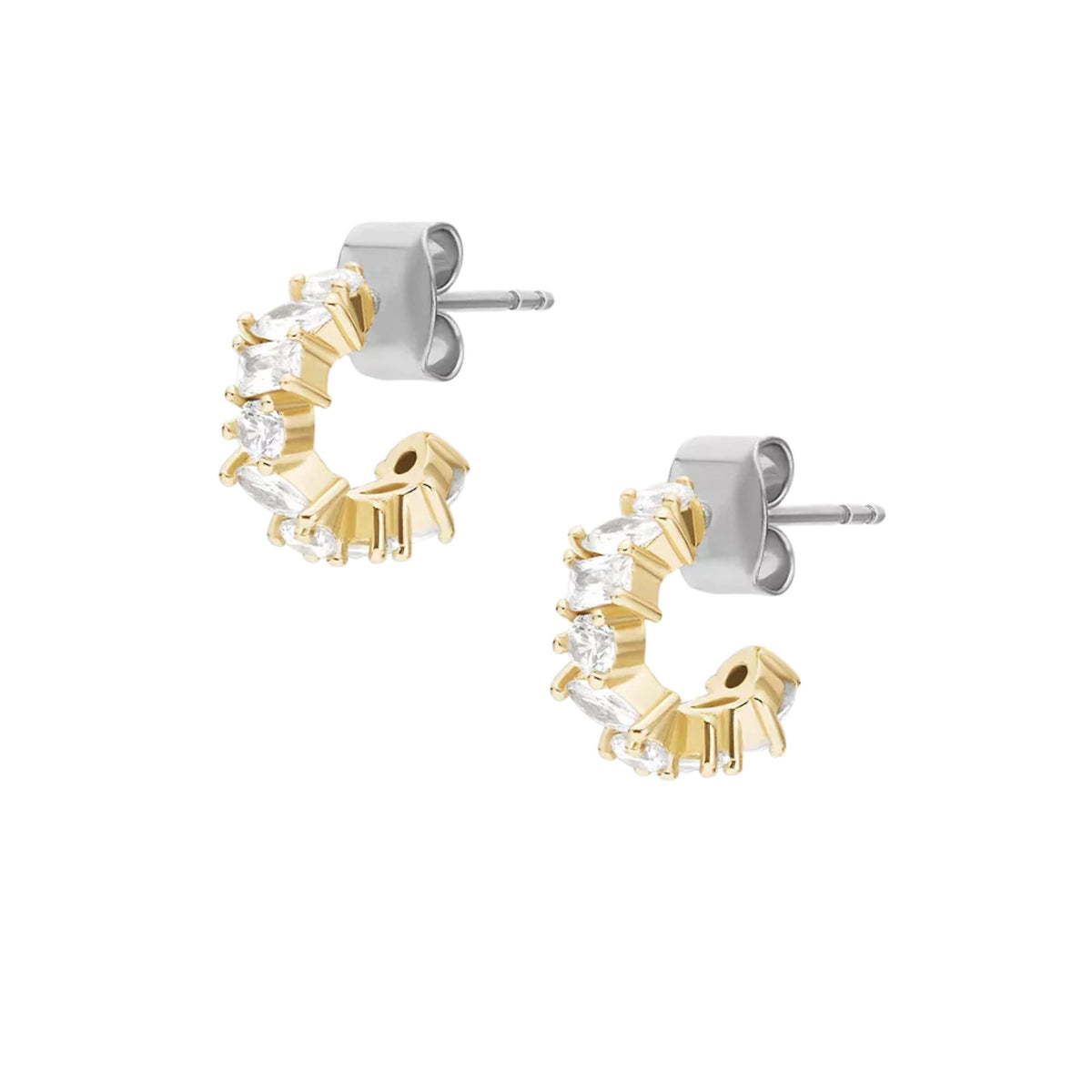 Pair of gold-tone hoop earrings with alternating crystal and gold accent shapes