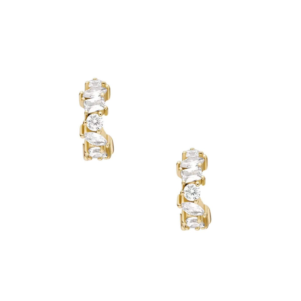 Gold-tone hoop earrings with mixed clear crystal blocks and gold accents