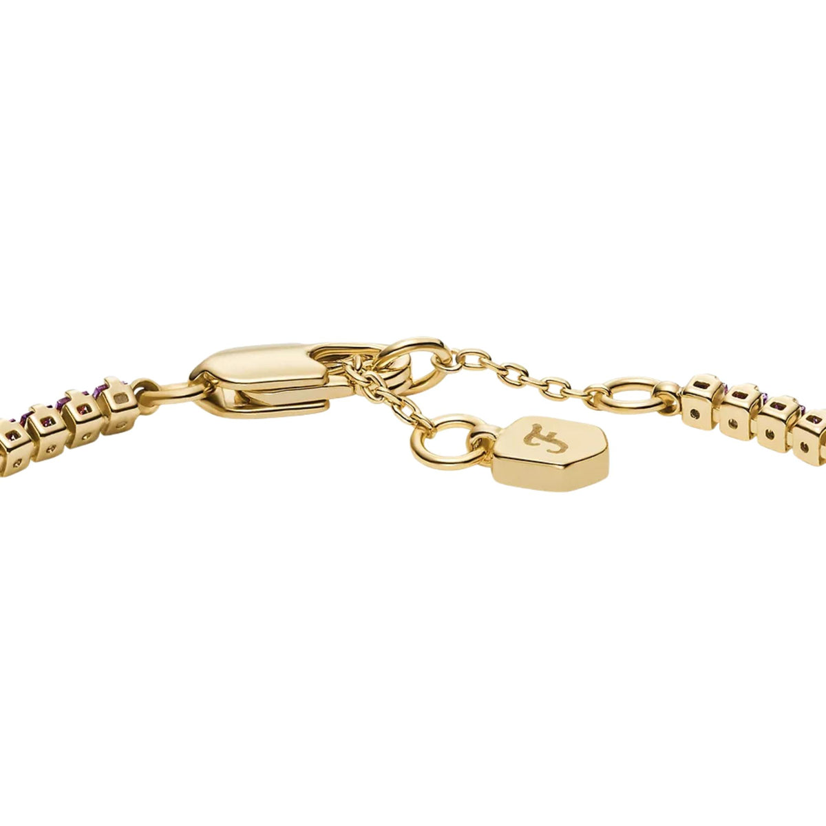 Gold-tone tennis chain bracelet with purple amethyst stones, heart charm, and clasp