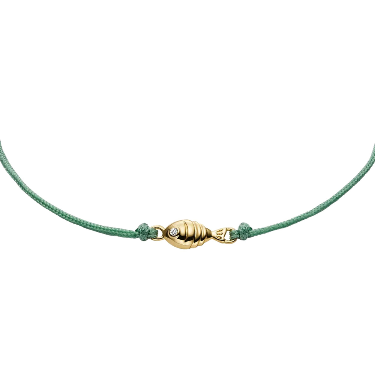 Seafoam green cord bracelet featuring a gold-tone fish centerpiece charm
