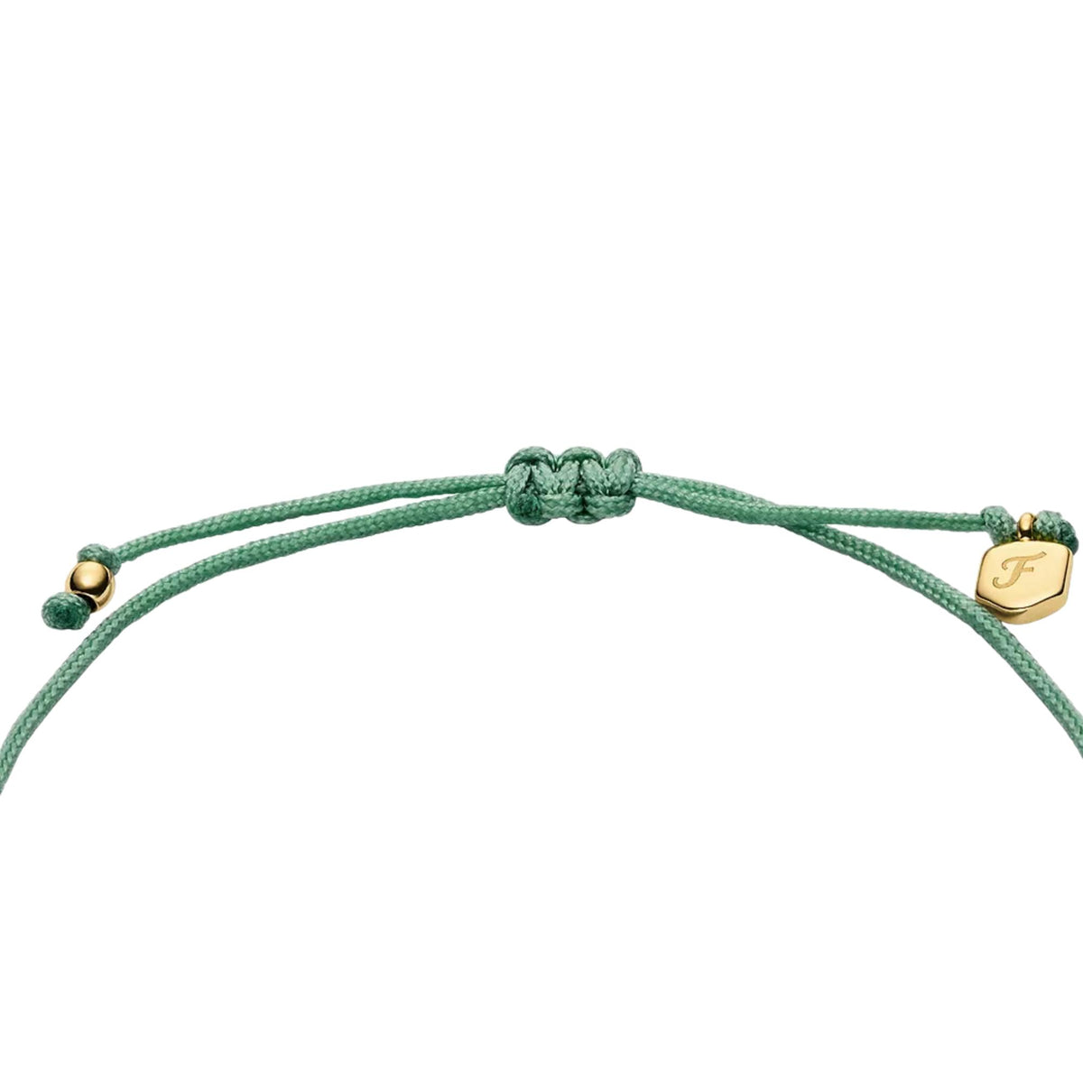 Seafoam green cord bracelet with gold-tone F tag, fish charm, and green knot