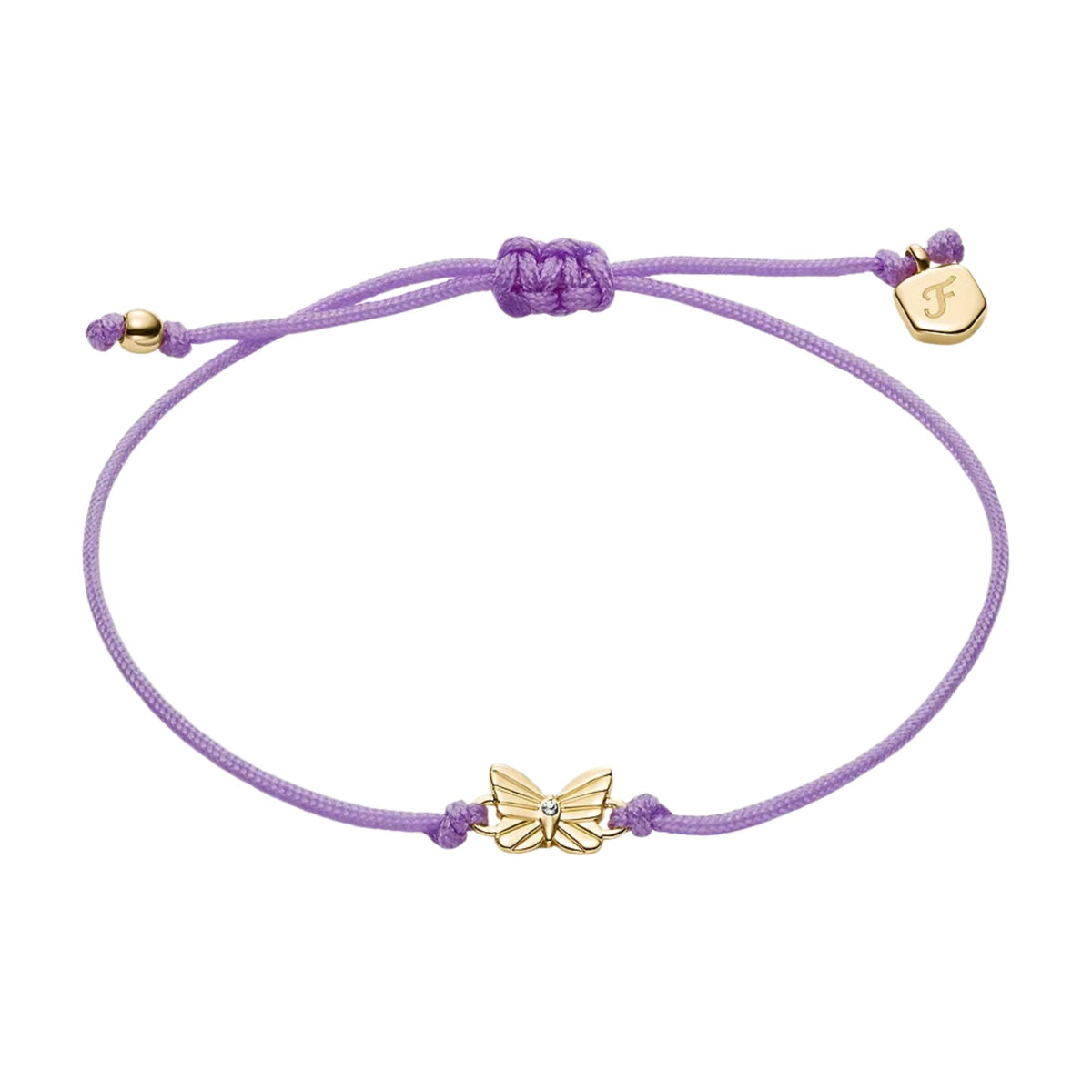 Lavender cord bracelet with gold-tone butterfly charm and purple bead accents