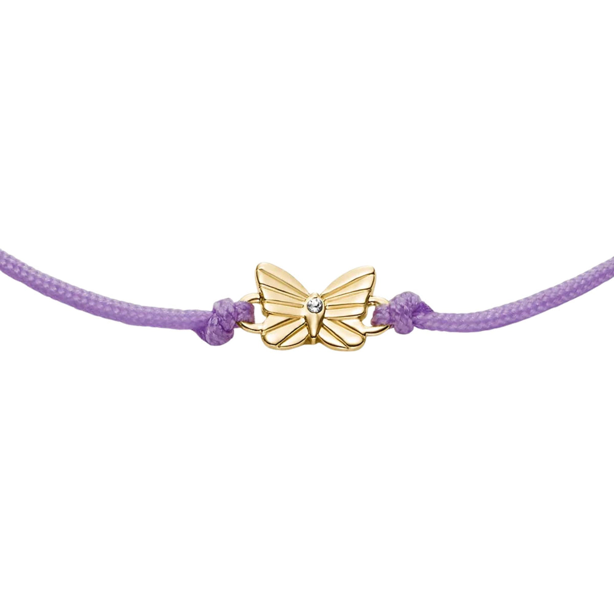 Lavender cord bracelet with gold-tone butterfly charm and small crystal detail