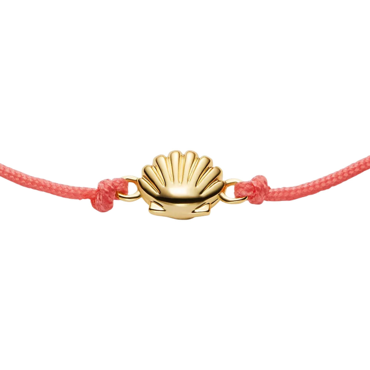 Close-up of coral braided bracelet with gold-tone seashell centerpiece charm