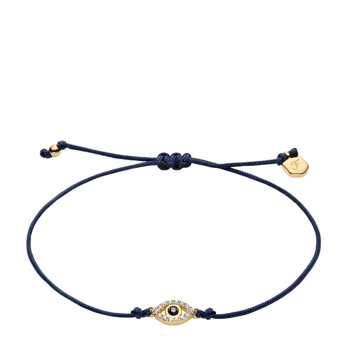 Women's navy cord evil eye bracelet with gold-tone clasp tag and central charm