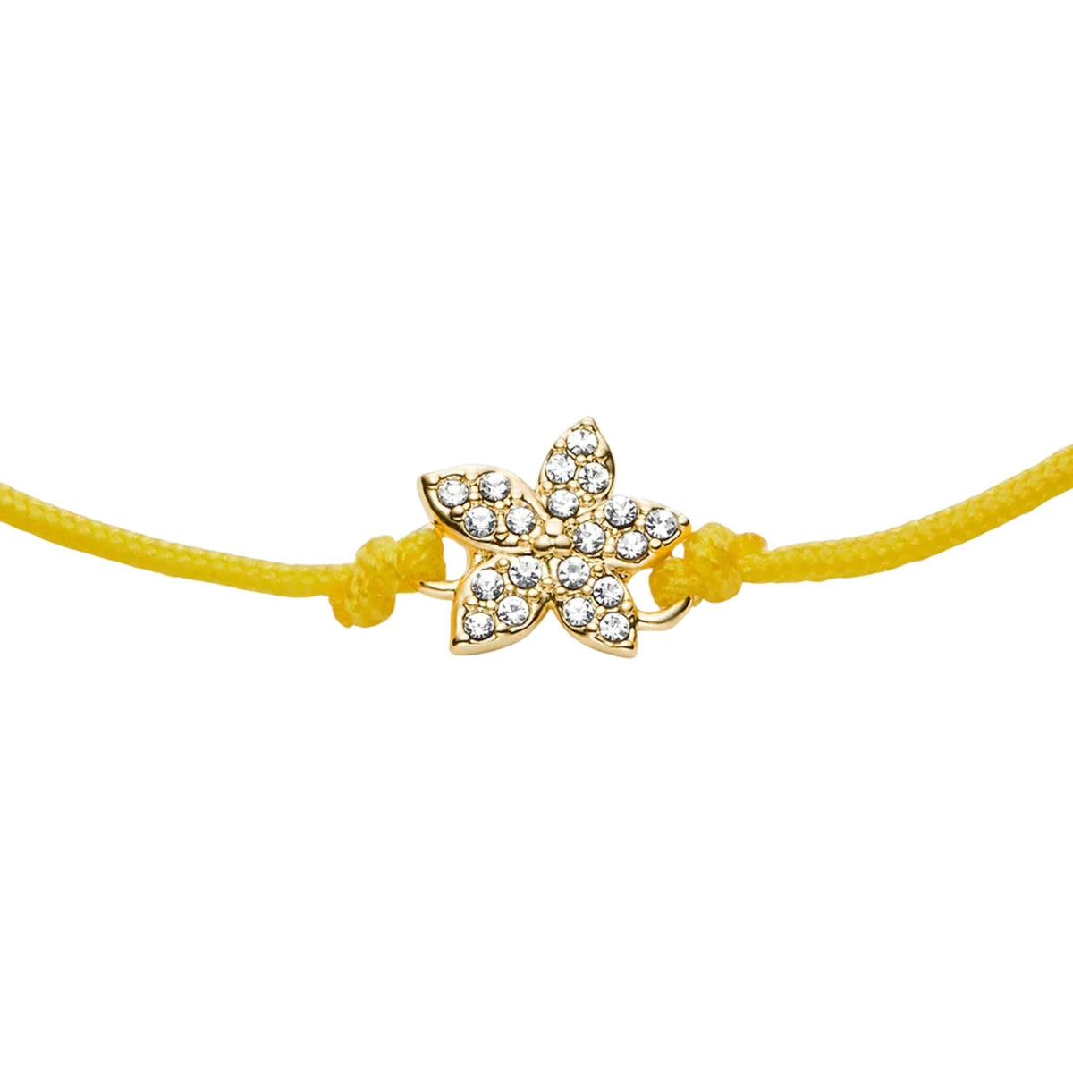 Fossil yellow gold-tone brass bracelet with pavé flower charm on yellow cord
