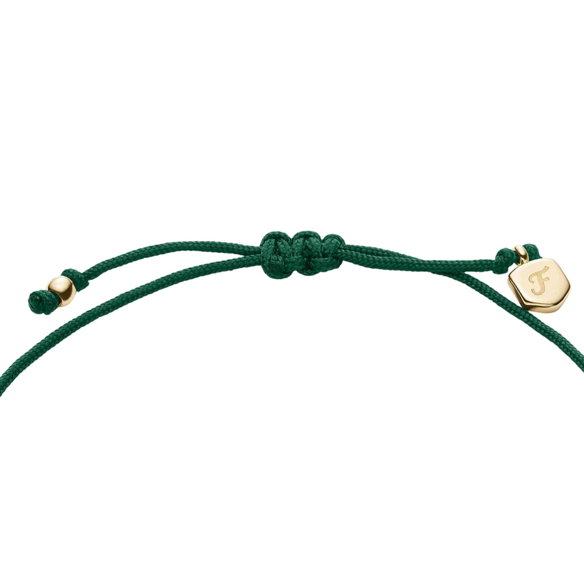 Green cord bracelet end charm with gold-tone logo tag and knot ties