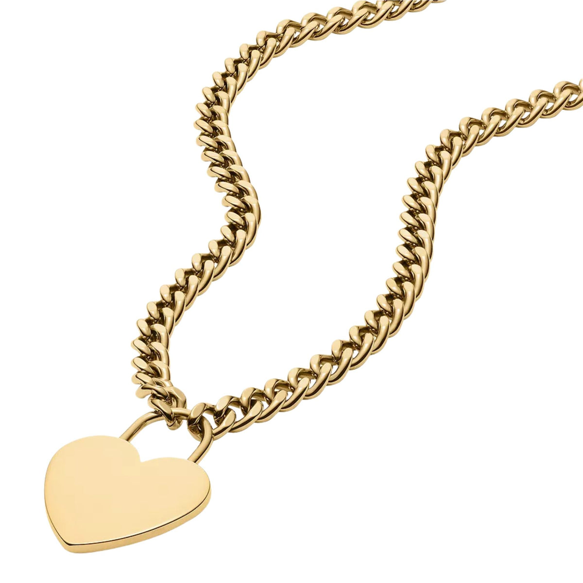 Gold-tone heart pendant on a chunky curb-link chain necklace.