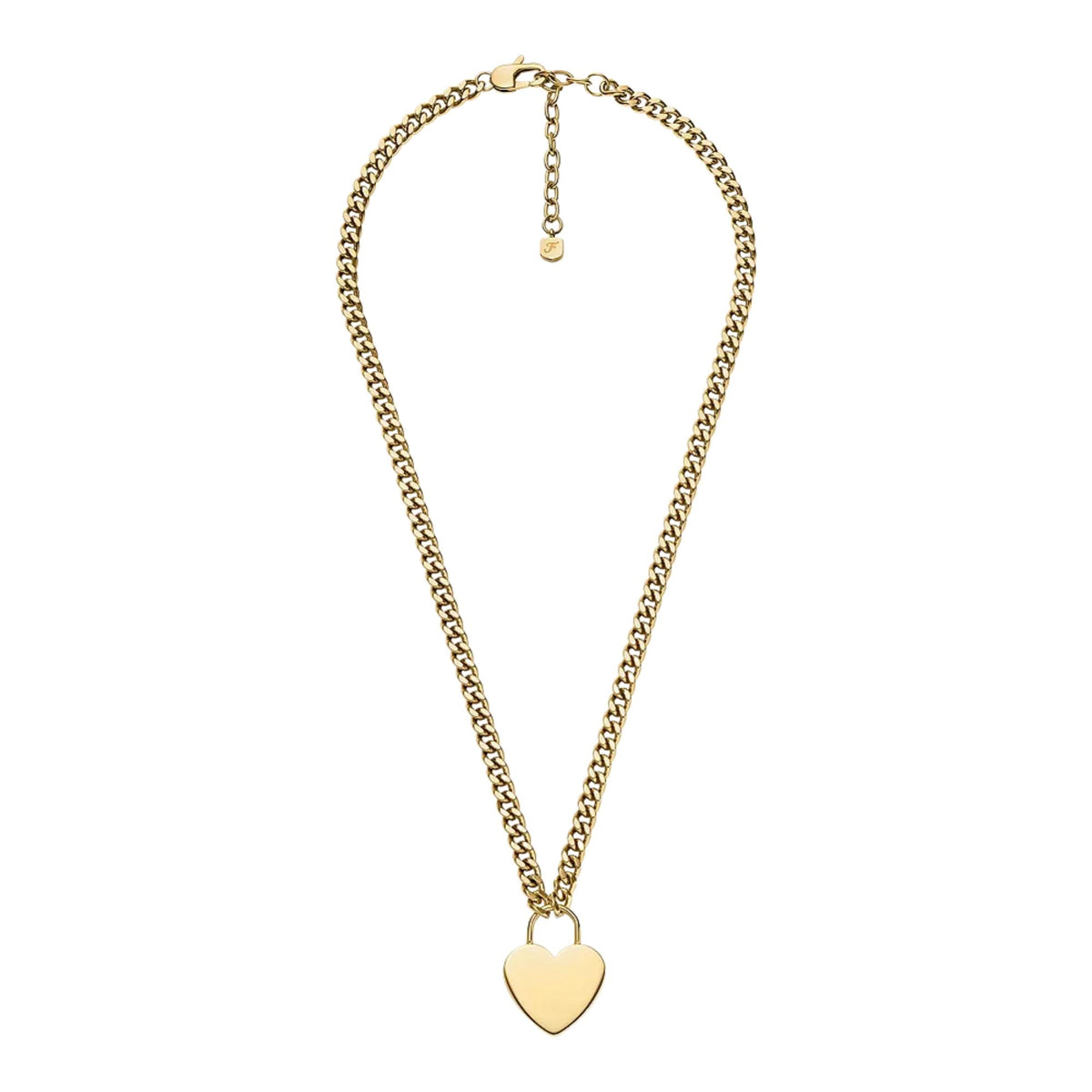 Gold-tone heart pendant necklace with thin chain and spring-ring clasp.