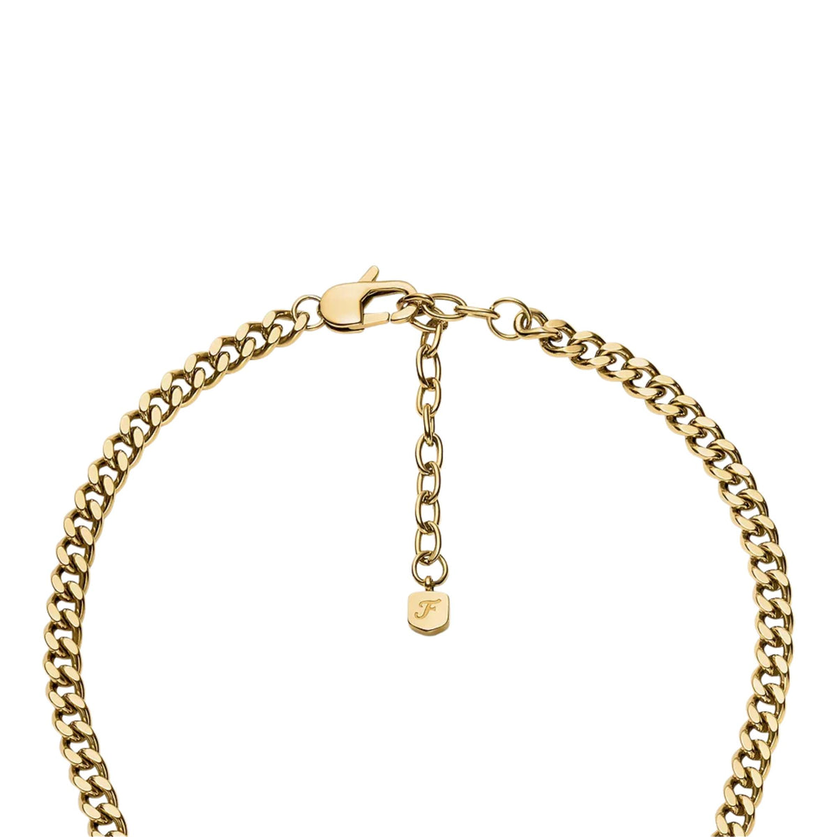 Gold-tone chain necklace with heart charm and small F pendant at clasp.