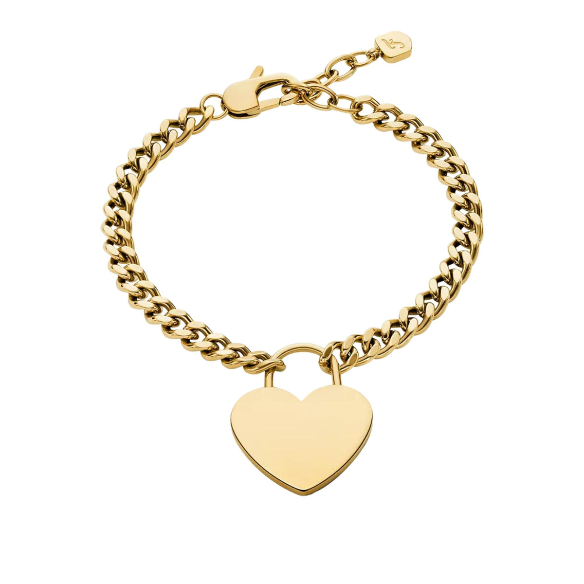 Gold-tone heart charm bracelet with curb chain and hinged clasp accents